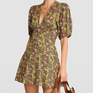 Doen Emilia Dress Green Valley Floral Puff Sleeve Cocktail V Neck Mini Dress